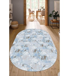 Dijital Baskılı Kaymaz Taban Yıkanabilir Oval Salon Halısı Mutfak Halısı Yolluk NDO-HT-253 (Mavi)