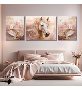 3lü Kanvas Şık Salon Duvar Tablosu Modern Soyut Pembe Gold At