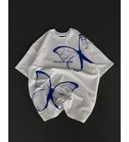 Unisex Bisiklet Yaka Baskılı Oversize T-Shirt - Beyaz