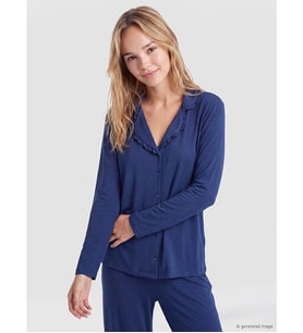 LCW DREAM İndigo Gömlek Yaka Kadın Pijama Takım