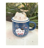 Kawai 3D Kedi Kapaklı Kaşıklı Kupa Bardak Lacivert