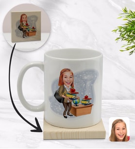 BK Gift Kişiye Özel Kadın Öğretmen Karikatürlü Beyaz Kupa Bardak ve Ahşap Bardak Altlığı Hediye Seti - Model 4