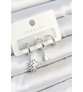 Pirinç Zirkon Taşlı Güneş Model Gümüş Renk 3'lü Çift Kadın Küpe Set TJ-BKP10799