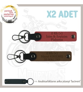 Biker Stiline Özel İsim Plaka, 0 Rh (+) Kan Grubu Yazılı Motor x2 Anahtarlık, Nar Çiçeği-Kahve-Laci (Çok Renkli)