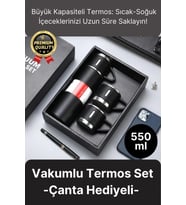 Kaliteli Paslanmaz Çelik Çift Katmanlı Sıcak Soğuk 3 Bardaklı Vakumlu Termos Çanta Hediyeli 550 Ml