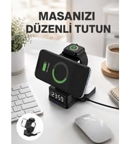 Kablosuz Şarjlı Dijital Masa Saati – 3 Parlaklık Seviyeli LED, Hızlı Şarj, Apple Uyumlu Yeni Nesil