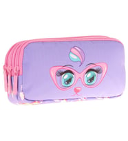 Kaukko Kids Üç Bölmeli Pembe Lila, Gözlüklü Kedi Baskılı, Kız Çocuk Okul Kalemliği - L8236 (Çok Renkli)