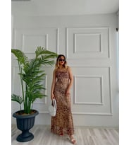 Kadın Leopar Desen Tül Elbise