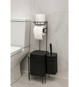 Yedekli Siyah Kare WC Kağıtlığı Tuvalet Fırçalığı Çöp Kovası Seti, Metal Askılı WC Kağıtlık Fırça