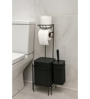 Yedekli Siyah Kare WC Kağıtlığı Tuvalet Fırçalığı Çöp Kovası Seti, Metal Askılı WC Kağıtlık Fırça