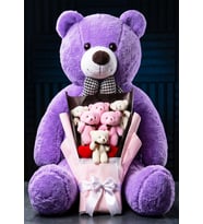 90cm Büyük Mor Peluş Ayıcık ve Pembe Beyaz Ayıcık Buketi Kalp Detaylı Hediyelik Set Konsept Hediye Sevgiliye Kıza Ablaya