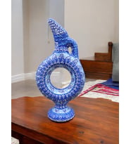 Hitit Model %100 El Işlemesi,kabartma Desenli Dekoratif Çini Vazo (20 CM) (Beyaz-Mavi)