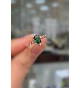 925 Ayar Gümüş Rose Gold Oval Kesim yeşil Taşlı Vintage Tasarım Kadın Yüzük
