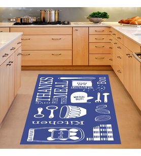 Kitchen Desenli Dijital Baskılı Kaymaz Taban Yıkanabilir Leke Tutmaz Mutfak Halısı (Mavi)