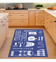 Kitchen Desenli Dijital Baskılı Kaymaz Taban Yıkanabilir Leke Tutmaz Mutfak Halısı (Mavi)
