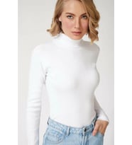 Kadın Kaşkorse Boğazlı Full Likralı Fitilli Body Kazak - Beyaz