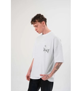 Erkek Kısa Kol Yazlık Tişört Bisiklet Yaka Baskılı Oversize T-Shirt - Beyaz