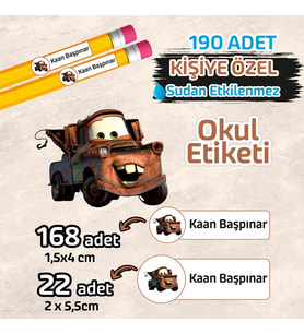 Okul Etiketi İsme Özel Kalem Defter Etiketi Cars 190 Adet