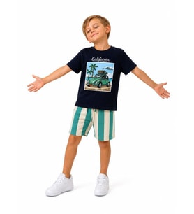 Cg Kids Araba Desenli Çizgili Şortlu Tshirt & Şort Erkek Çocuk Alt Üst Takım