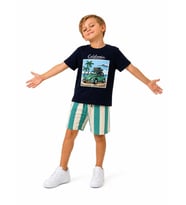 Cg Kids Araba Desenli Çizgili Şortlu Tshirt & Şort Erkek Çocuk Alt Üst Takım