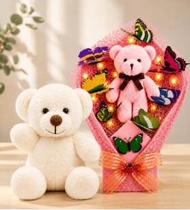 LED Işıklı Peluş Ayıcık Buketi ve Beyaz Peluş Ayıcık Sevgiliye Kadına Arkadaşa Hediye