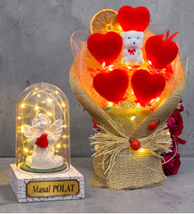 Kişiye Özel Led Işıklı Fanus ve Led Işıklı Kalp Buketi (Model 2)