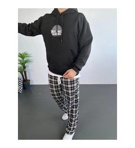 Erkek Oversize Üç İplik Kapüşonlu Sweatshirt – Siyah Sırt Ve Ön Baskılı, Kanguru Cepli, Rahat Kalıp,