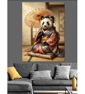 Kimonolu Panda Ve Japon Şemsiyesi Dekoratif Kanvas - Mdf Ahşap Tablo
