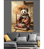 Kimonolu Panda Ve Japon Şemsiyesi Dekoratif Kanvas - Mdf Ahşap Tablo
