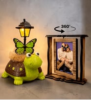El Yapımı Yeşil Kaplumbağa LED Masa Lambası ve 2 Fotoğraflı Dönen Ahşap Çerçeve Hediye Seti