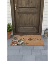 Valerine Life Vintage Zambak ve Kalpli Kahverengi Ev Ofis İş yeri Dükkan Kapı Önü Paspası 45x70cm