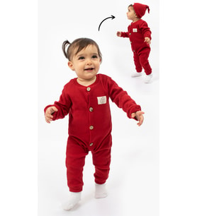 Tahta Düğme Görselli Şapkalı Şık Bebek Tulum-Kırmızı