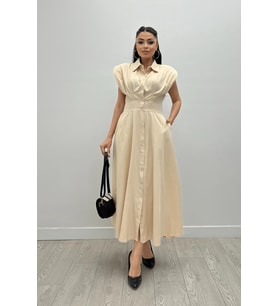 Poplin Kumaş Düğme Detaylı Elbise - KREM