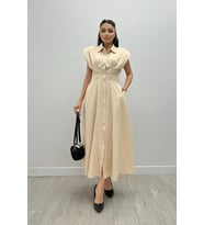 Poplin Kumaş Düğme Detaylı Elbise - KREM
