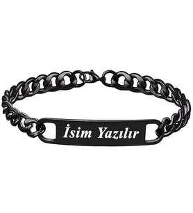 Kişiye Özel İsim Yazılı Siyah Çelik Erkek Bileklik ack06isyh