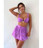 Lila Pileli Mini Etek Toka Detaylı Askılı İkili Takım