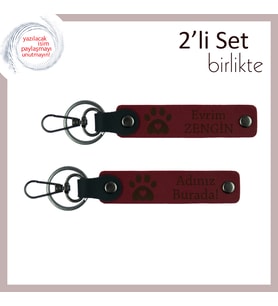İki Kalp Arasındaki Bağı Simgeler, Kalpli Pati Desenli Anahtarlık Set, İsim Yazılabilir, Bordo-Bordo