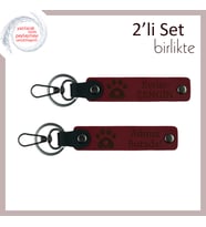 İki Kalp Arasındaki Bağı Simgeler, Kalpli Pati Desenli Anahtarlık Set, İsim Yazılabilir, Bordo-Bordo