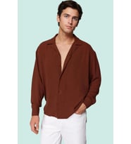 Erkek Oversize Apaş Yaka Uzun Kollu Gömlek Basic Siluet Günlük Kullanım Yaz Aylarının Vazgeçilmezi (Kahverengi)