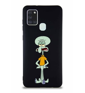 Samsung Galaxy A21S Soft Premier Kapak Squidward Dokunaç Tasarımlı Silikon Kılıf - Siyah (Şeffaf)