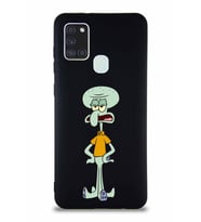 Samsung Galaxy A21S Soft Premier Kapak Squidward Dokunaç Tasarımlı Silikon Kılıf - Siyah (Şeffaf)
