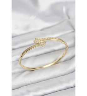Pirinç Gold Renk Zirkon Taşlı Yonca Model Kadın Kelepçe Bileklik 5886 - HPSBYI8751-1250