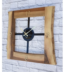 Markakanvas Doğal Ceviz Masif Ahşap,Metal Kare Duvar Saati 50x50cm (Altın)