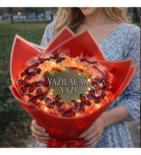 LEDLİ AYNALI KIRMIZI KELEBEK BUKETİ (Kırmızı-Turuncu)