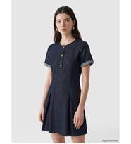 LCW Comfort İndigo Bisiklet Yaka Ekose Detaylı Mini Jean Elbise