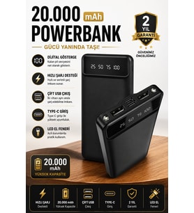 20000 mAh LED Işıklı LCD Ekranlı USB Type-C Lightning Powerbank