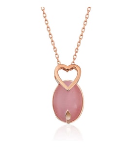 ​Gümüş Pembe Kedi Gözü Taşlı Kalp Kolye SL3416