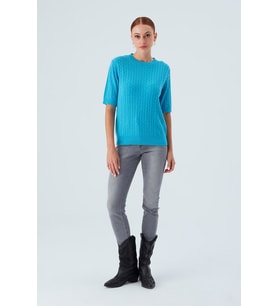 Peraluna NICOLE BLOUSE Saç Örgülü Kısa Kollu Kaşmirli Kadın Triko Bluz - Turkuaz