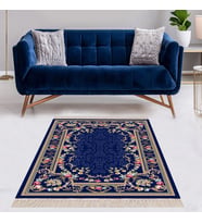 Çiçek Desenli Çerçeveli Dijital Baskı Yıkanabilir Kaymaz Taban Modern Salon Halı ve Yolluk (Lacivert)