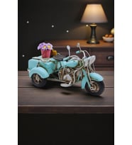 Kişiye Özel Vintage Metal 3 Tekerlekli Motorsiklet Biblo - Dekoratif Retro Trike Aksesuar (10x20 Cm) (Mavi)